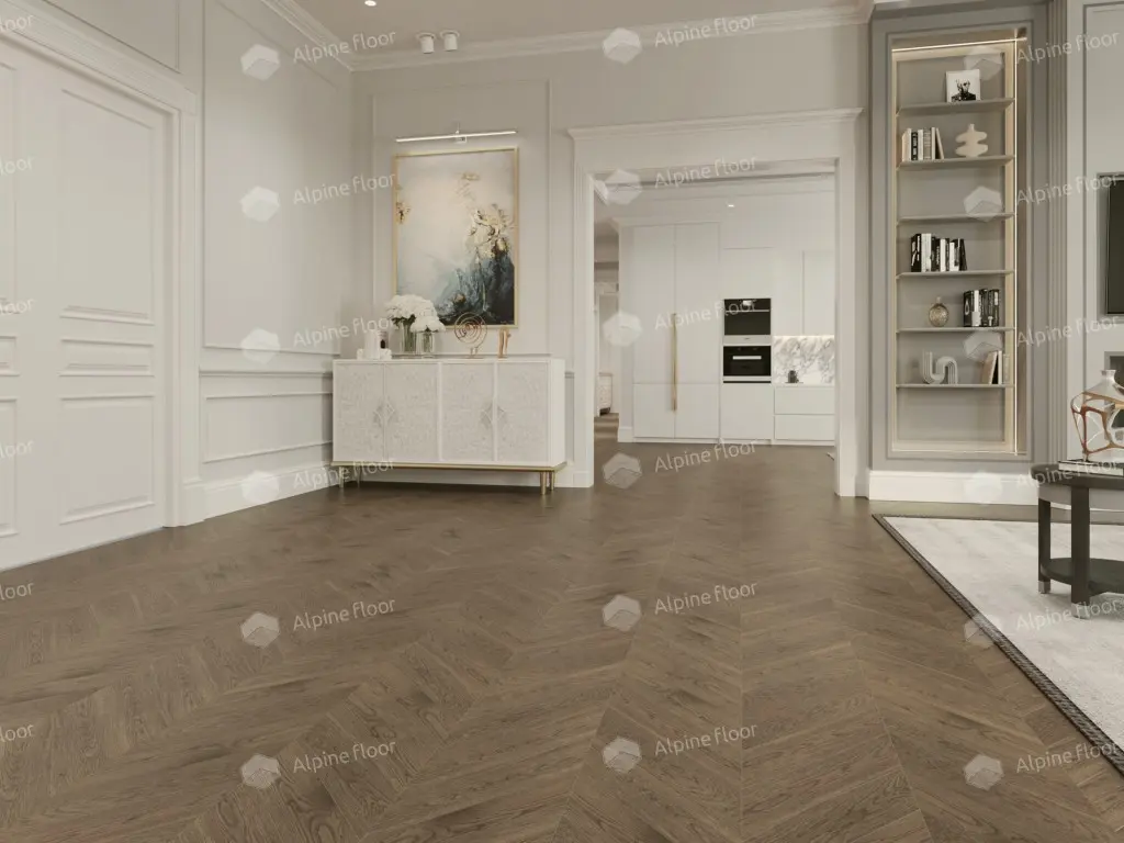 Инженерная доска Alpine Floor Chateau Дуб Гранд Каньон EW203-10 французская елка 600×120×12 фото в интерьере